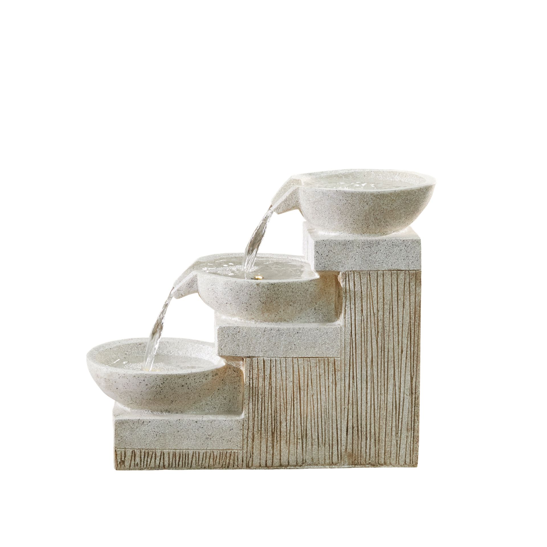 Indoor water fountain with tiered bowls and textured, light-colored stone. Water flows from top to bottom.