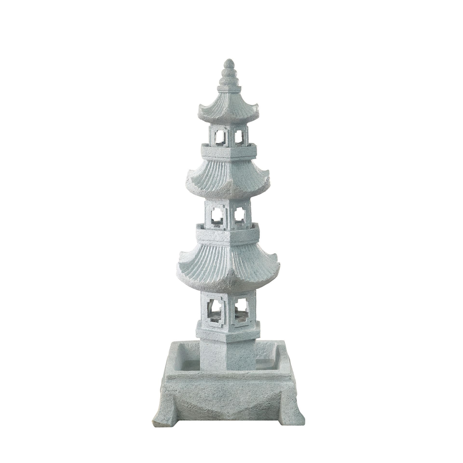 Gray stone pagoda fountain with multiple tiers and square base.