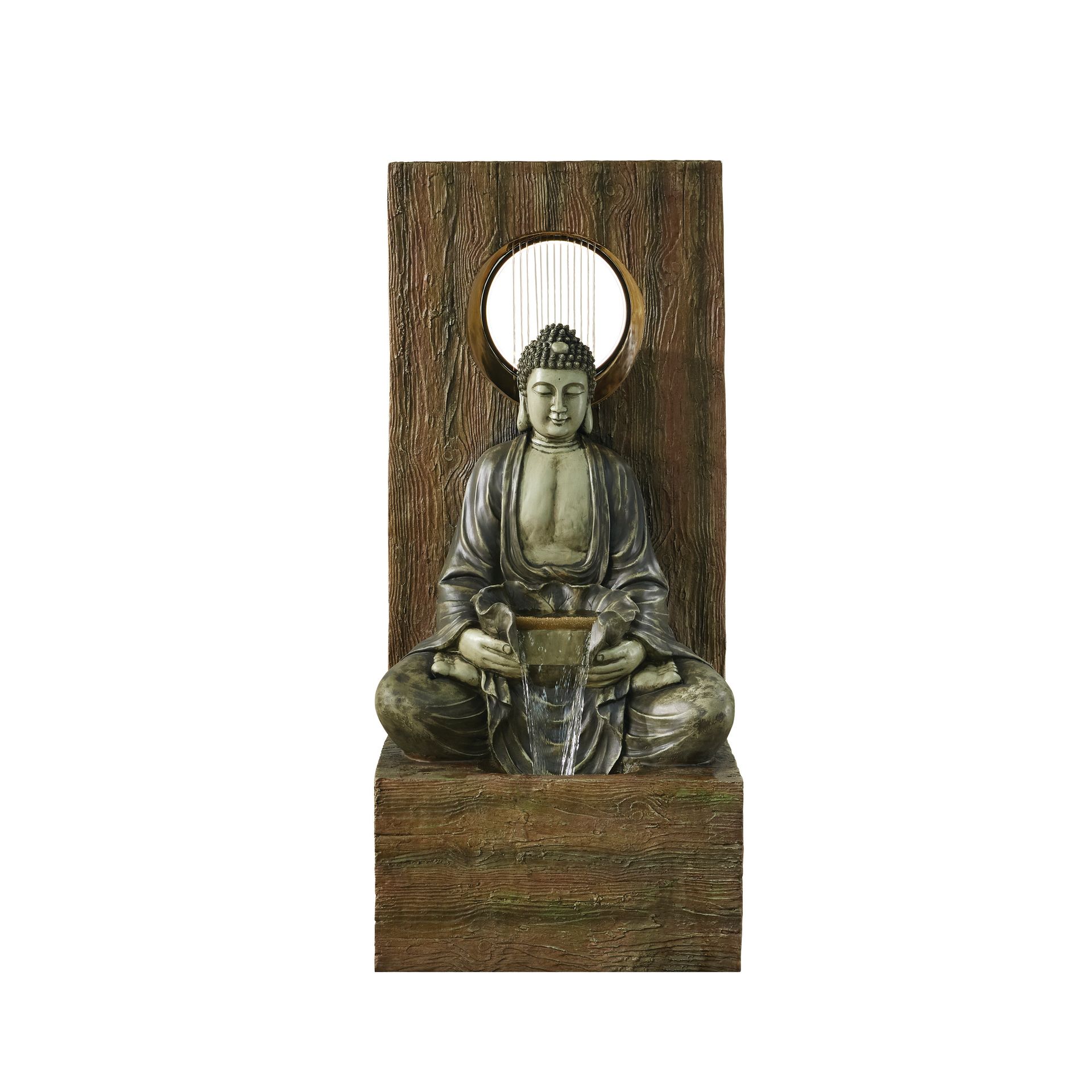 Buddha statue fountain with water flowing in front of a tree-like backdrop.