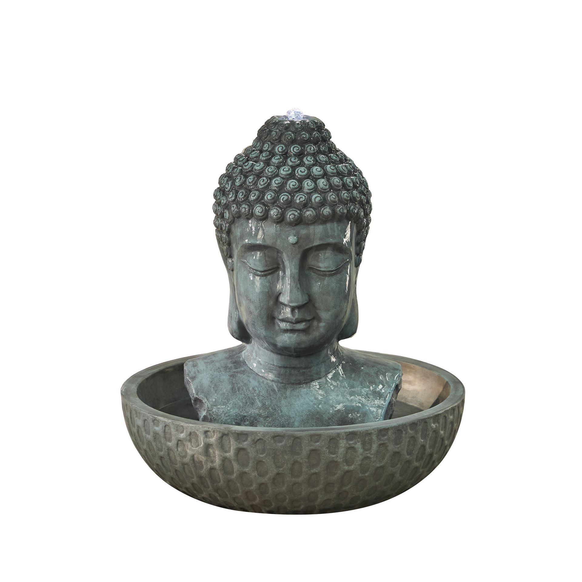 Buddha head water fountain with flowing water, in a textured bowl.