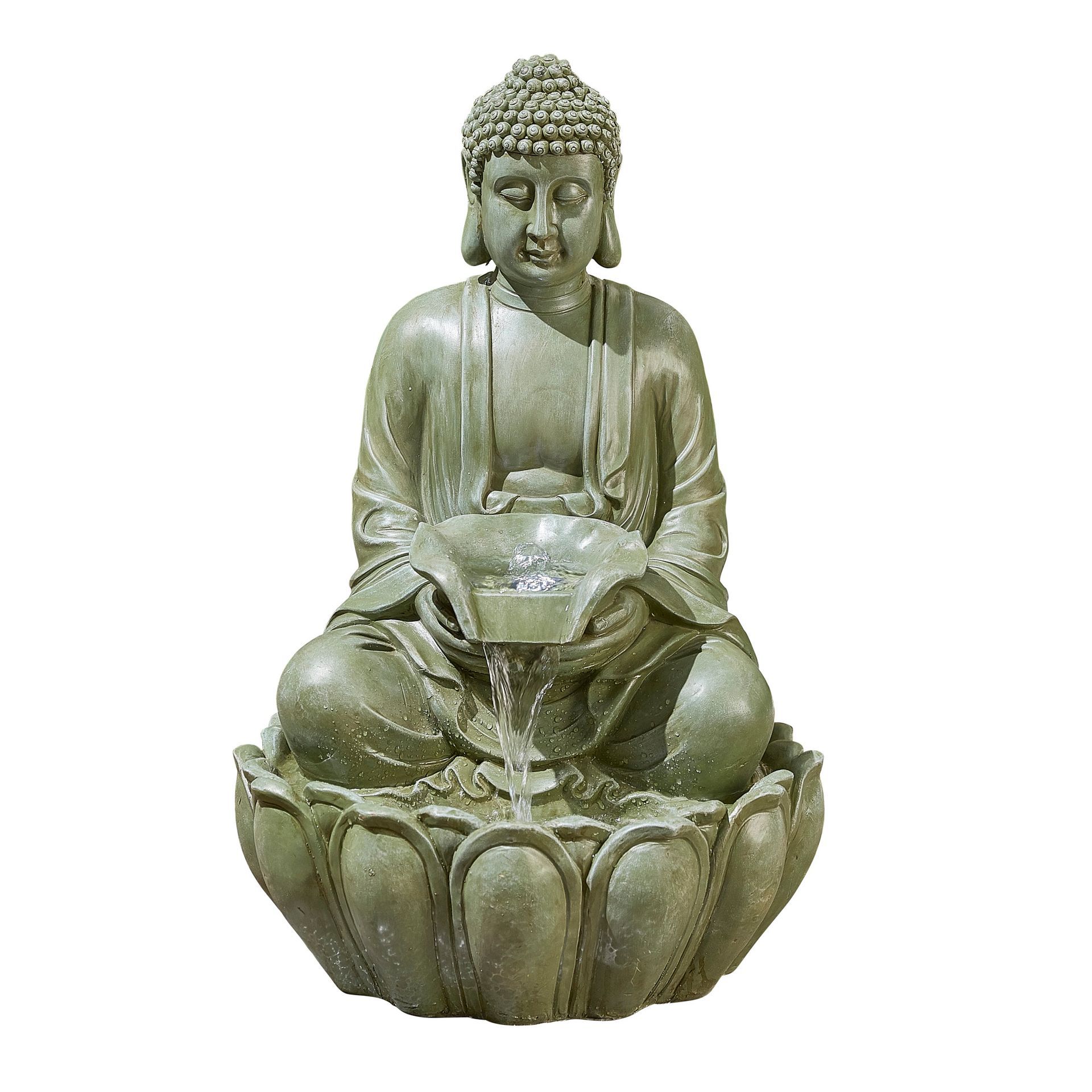 Buddha statue water fountain, gray-green, seated, water flowing from hands into lotus.