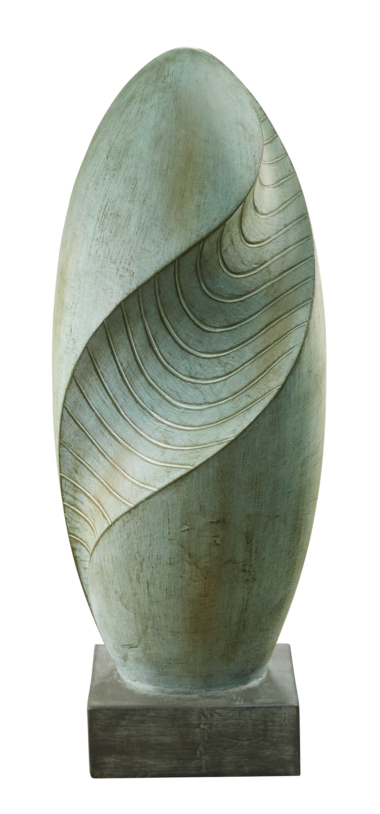 Sculptural abstract, oval form in shades of green and grey, with a spiral etched pattern on a square base.