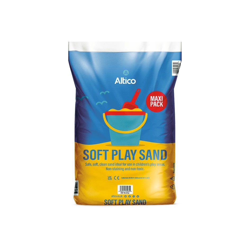 Bag of Altico Soft Play Sand, blue and yellow, with a bucket and shovel graphic.