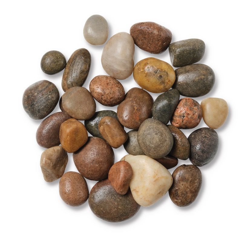 Pile of smooth, rounded river rocks in various colors, including brown, tan, and gray, on a white background.