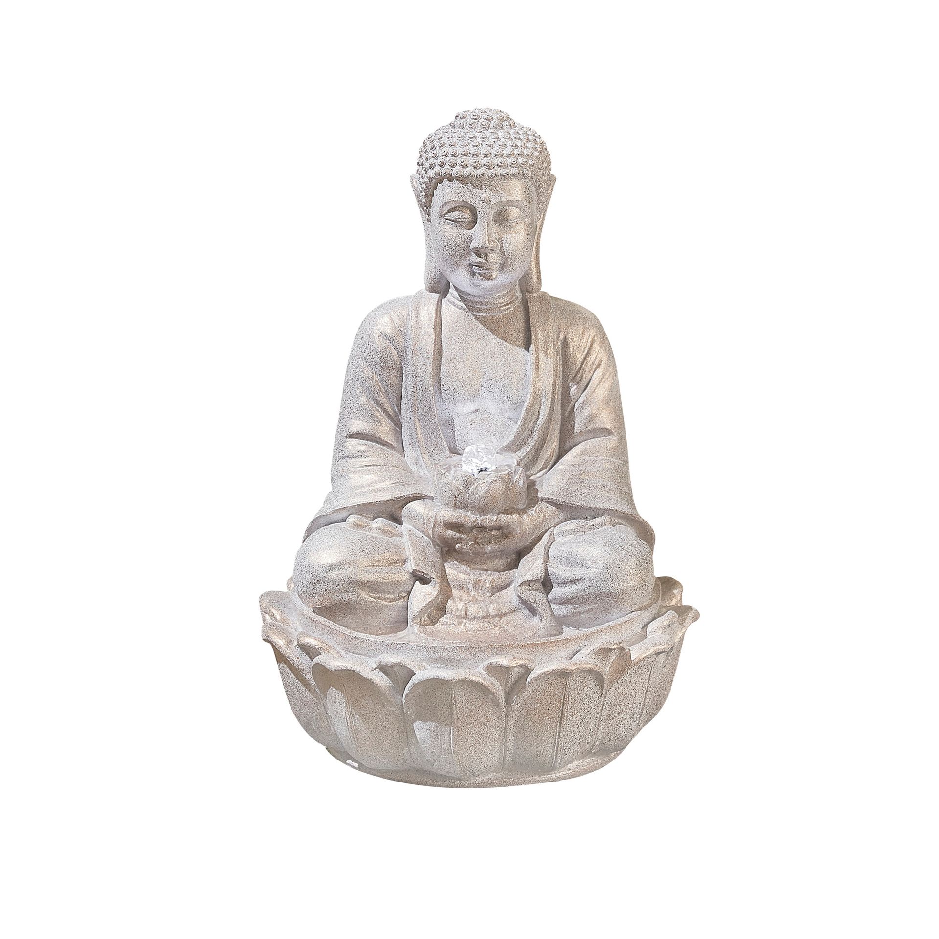 Stone Buddha statue seated on a lotus flower, meditating.