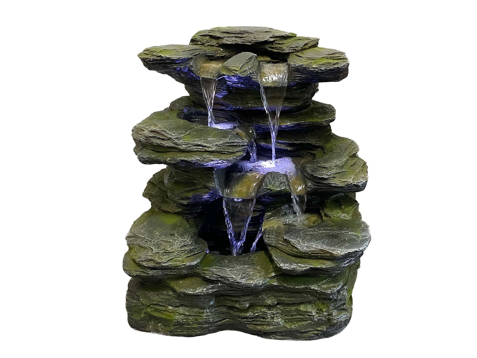 Small, tiered rock fountain with water cascading down, lit with blue LED lights.