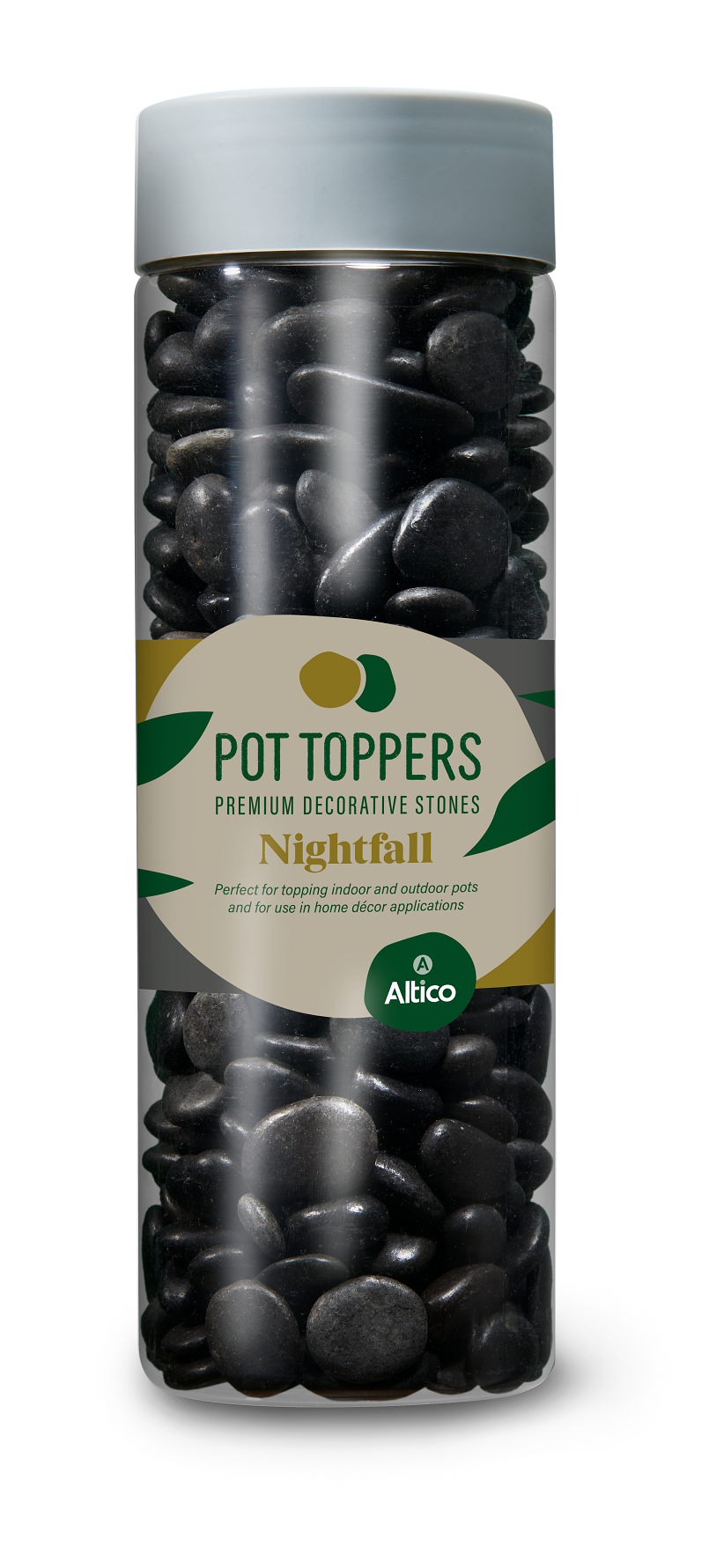 A clear plastic container filled with black pebbles; a product label reads 