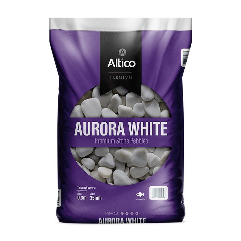 Bag of white pebbles labeled 