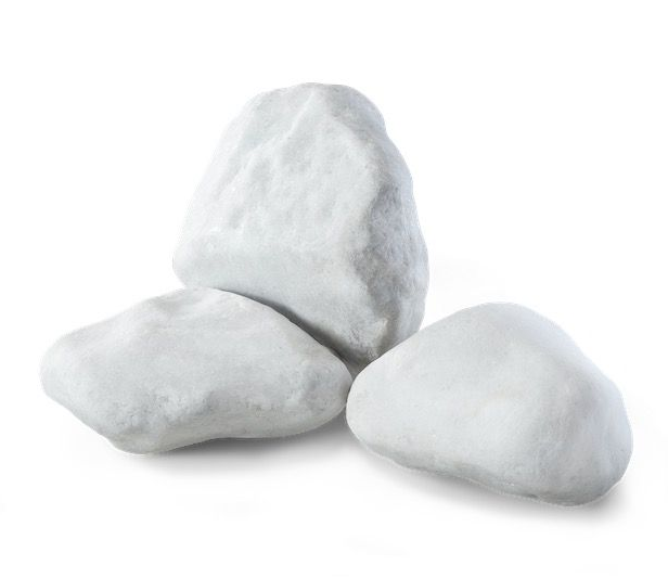 Three white, smooth, rounded rocks against a white background.