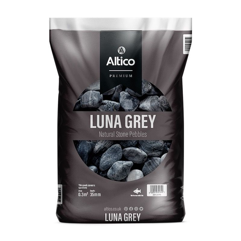 Bag of Altico Luna Grey natural stone pebbles.