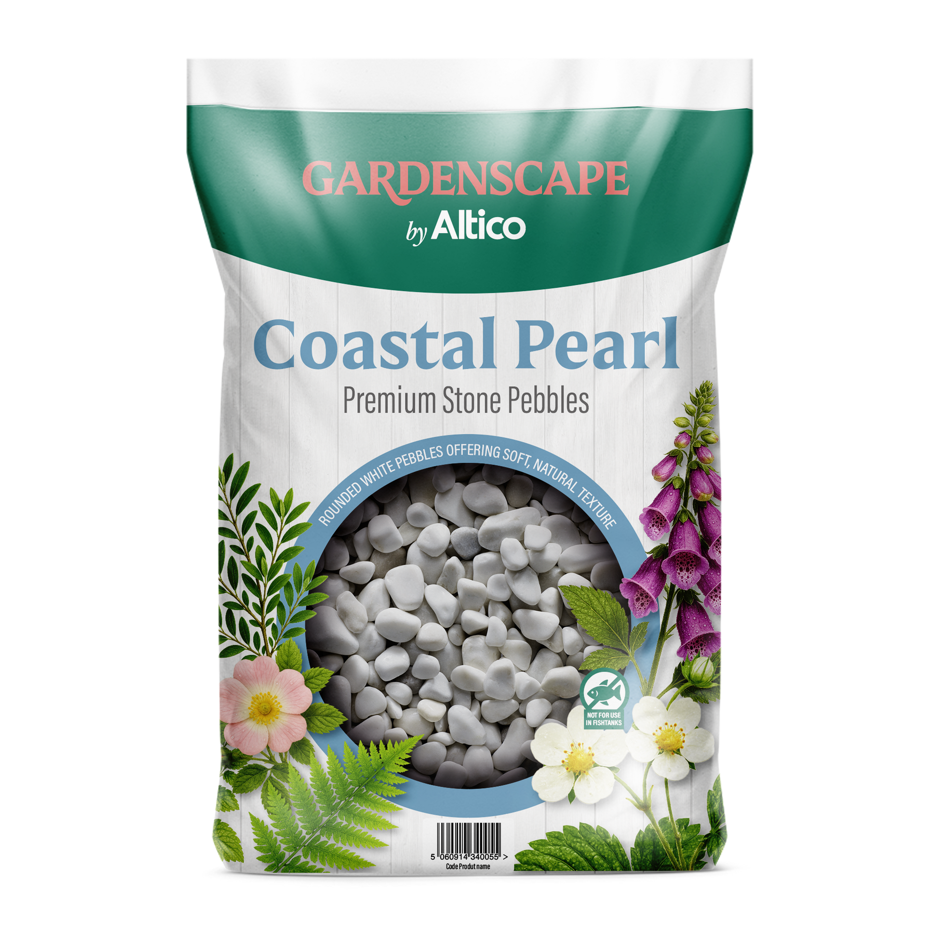 Bag of Coastal Pearl premium stone pebbles for gardening.