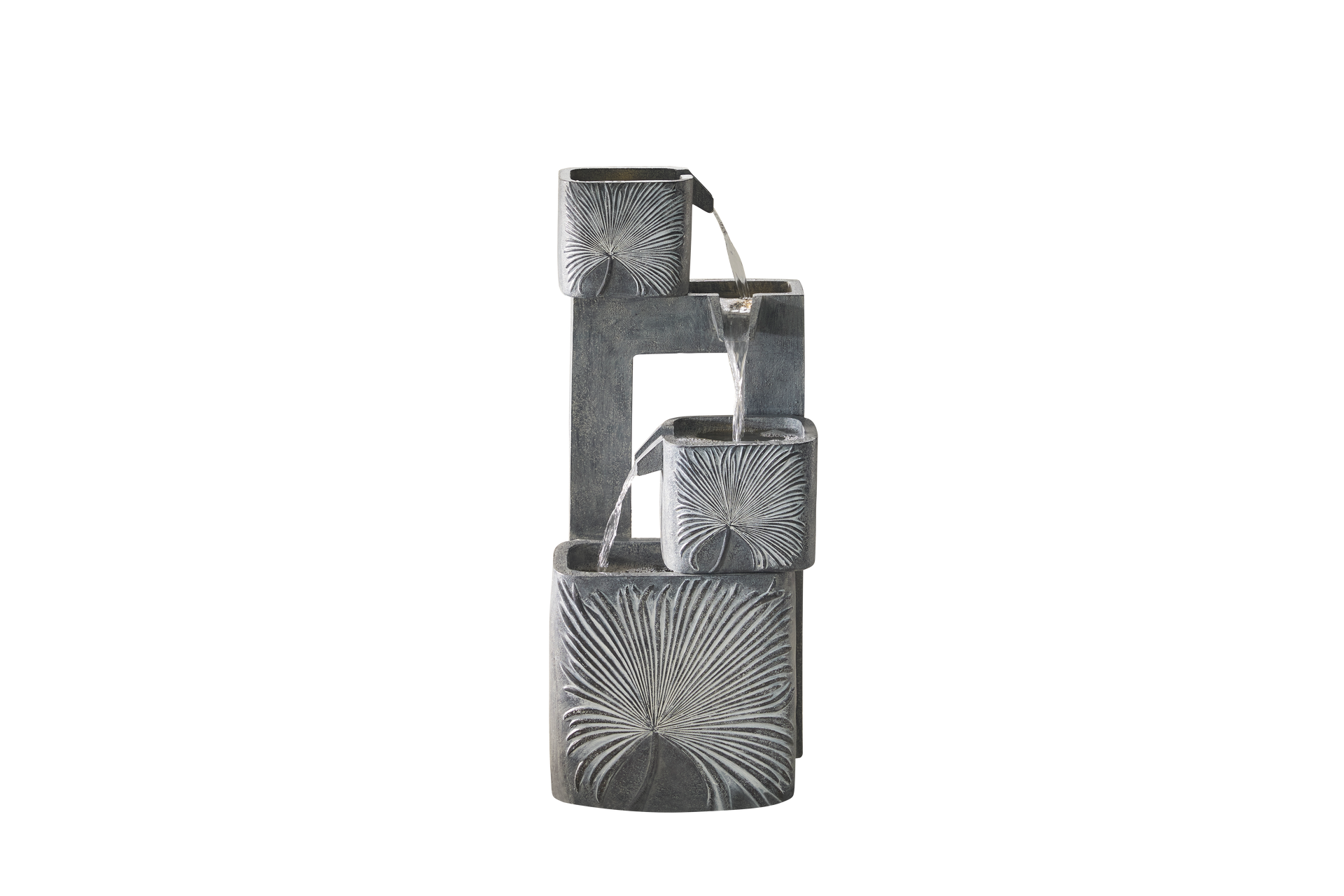 Stone-like water fountain with tiered waterfalls. Water flows down the grey, textured structure.