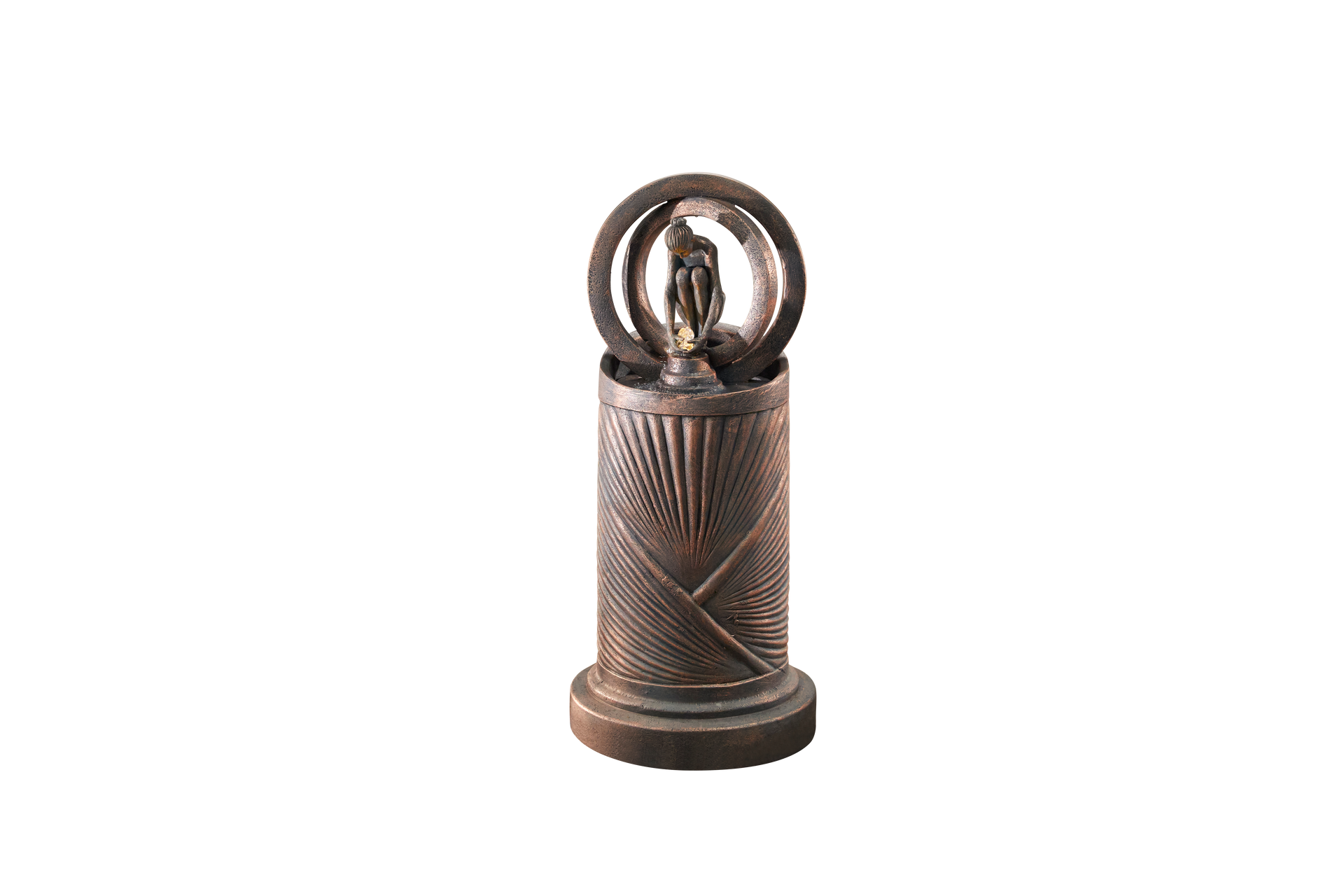 Stone water fountain with textured exterior and illuminated sphere inside.