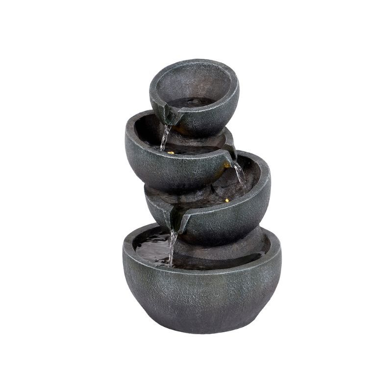 Stone-like tiered fountain with water cascading from top bowl to bottom.