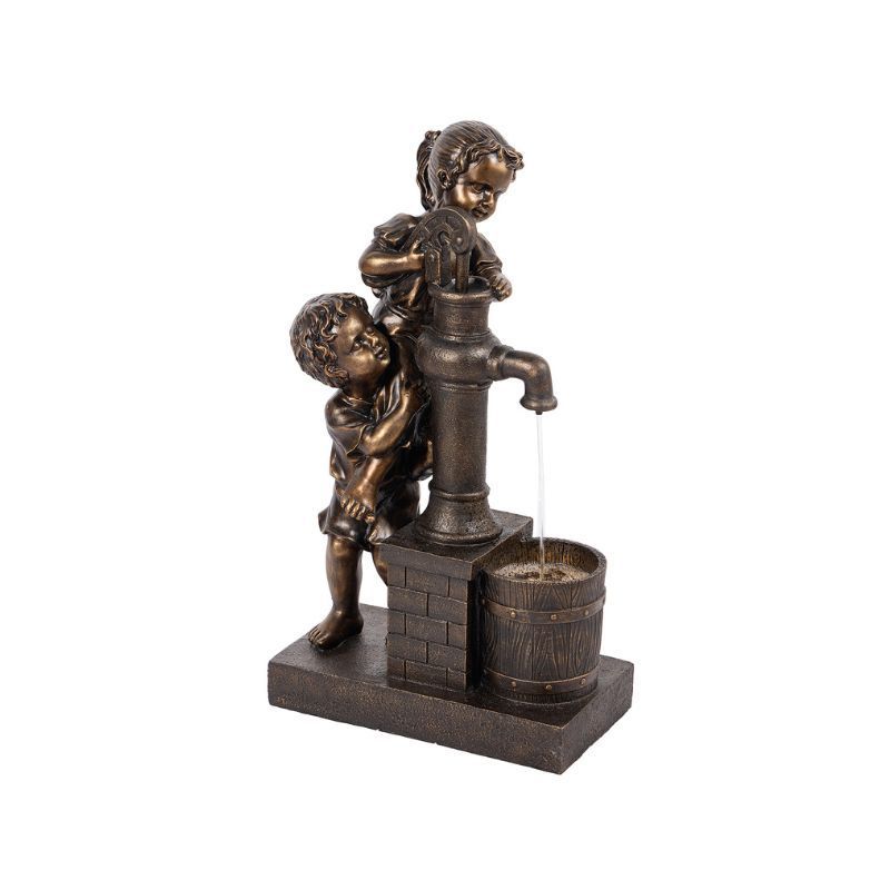 Bronze fountain sculpture of children at a water pump; water streams into a wooden bucket.