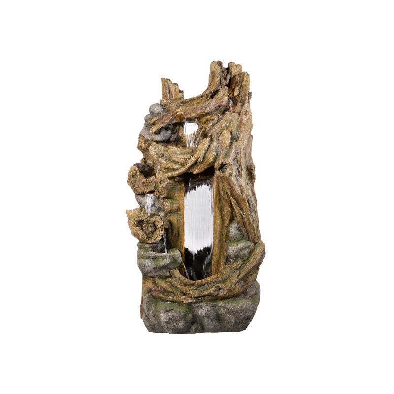 Fountain shaped like a tree trunk with water cascading over rocks. Brown, beige, and gray tones.