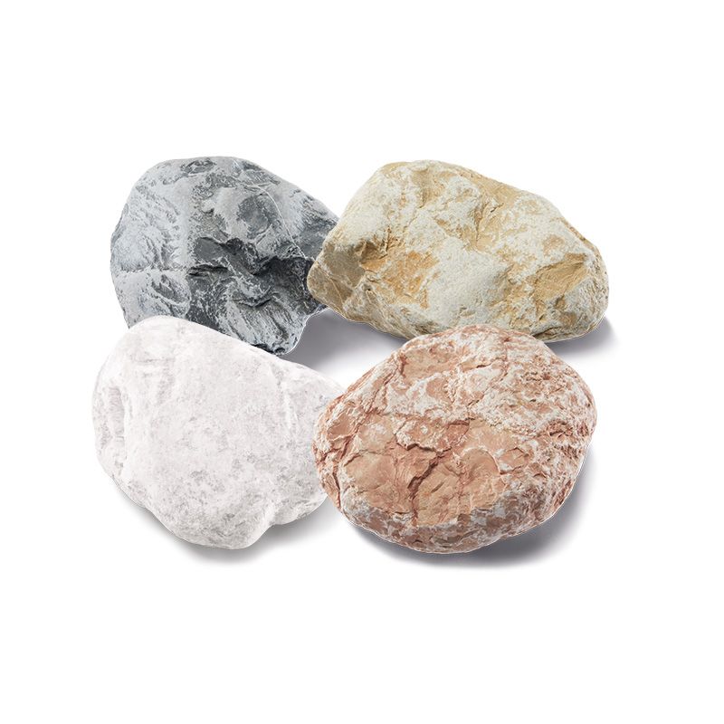 Four painted rocks in shades of gray, red, green, and beige.