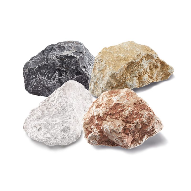 Four colorful rocks: green, tan, red, and gray, each with a rough, textured surface.
