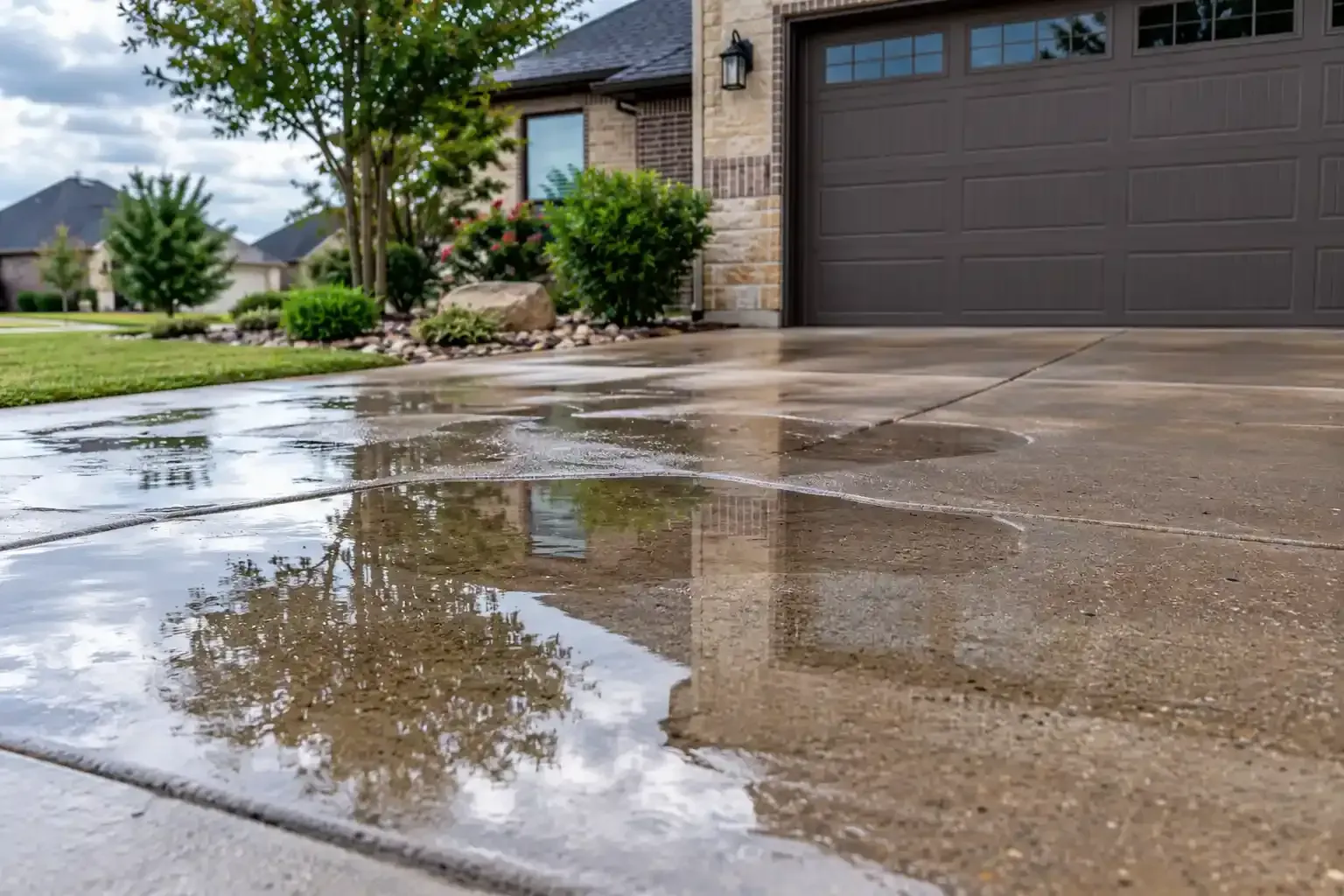Wet concrete driveway in front of a suburban garage, with puddles reflecting a tree and cloudy sky