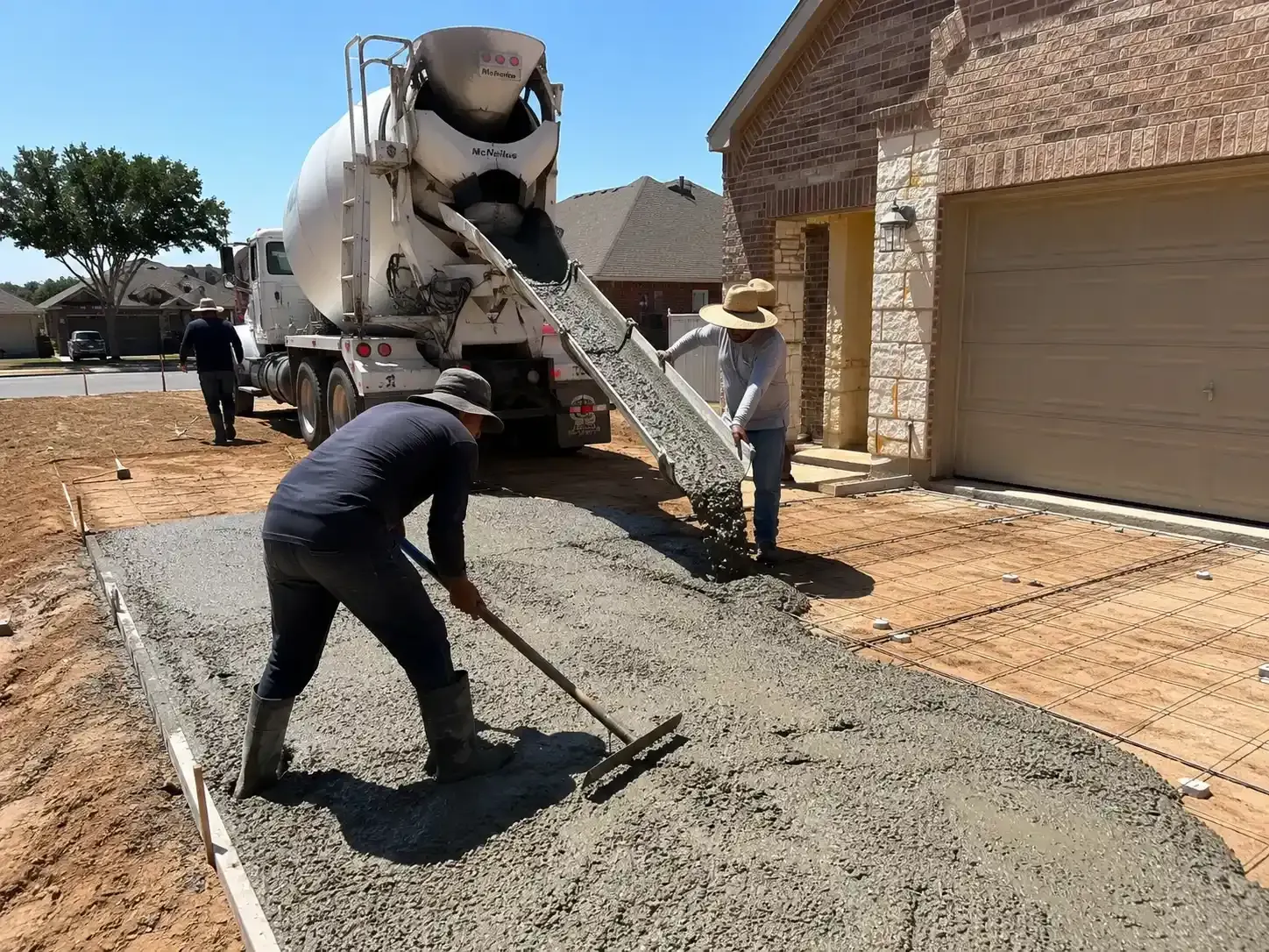 Workers pour concrete driveway beside a house on a hot summer day