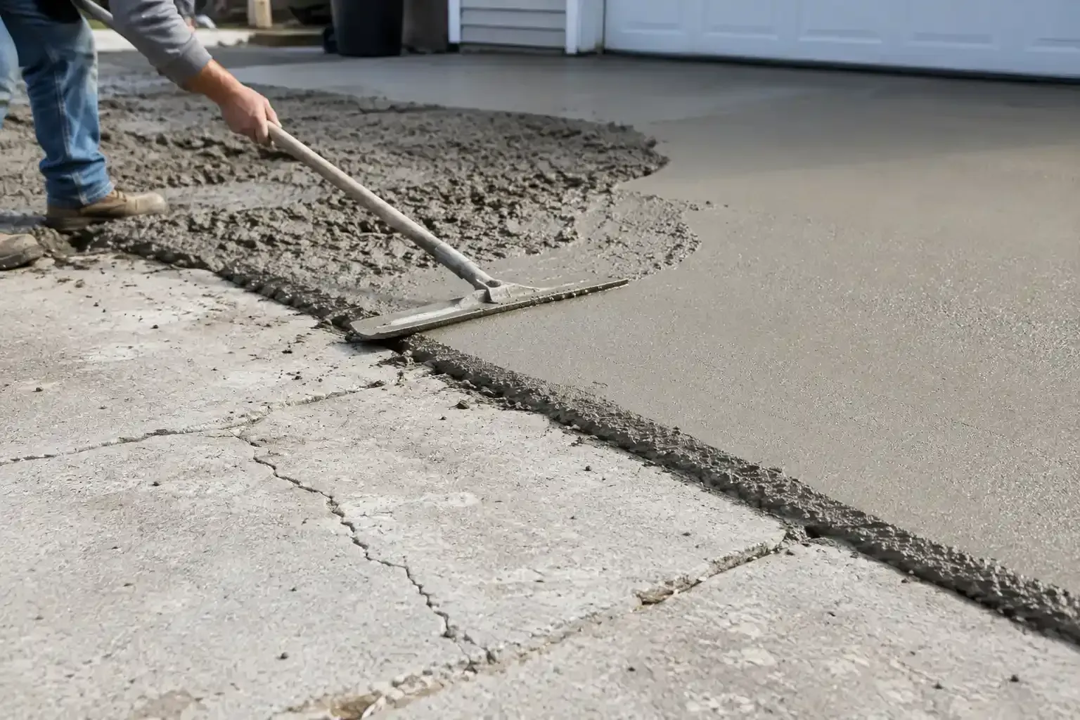 Worker smoothing fresh concrete on a driveway with a long-handled rake