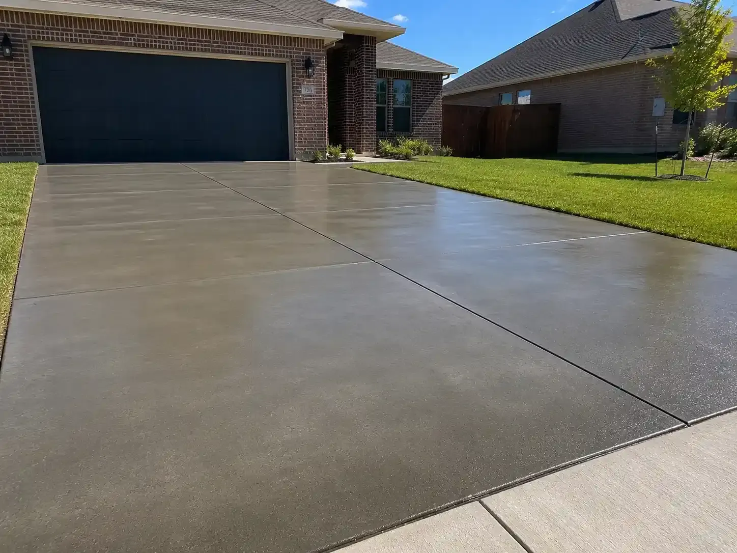 Freshly sealed concrete driveway leading to a dark garage door in a suburban home