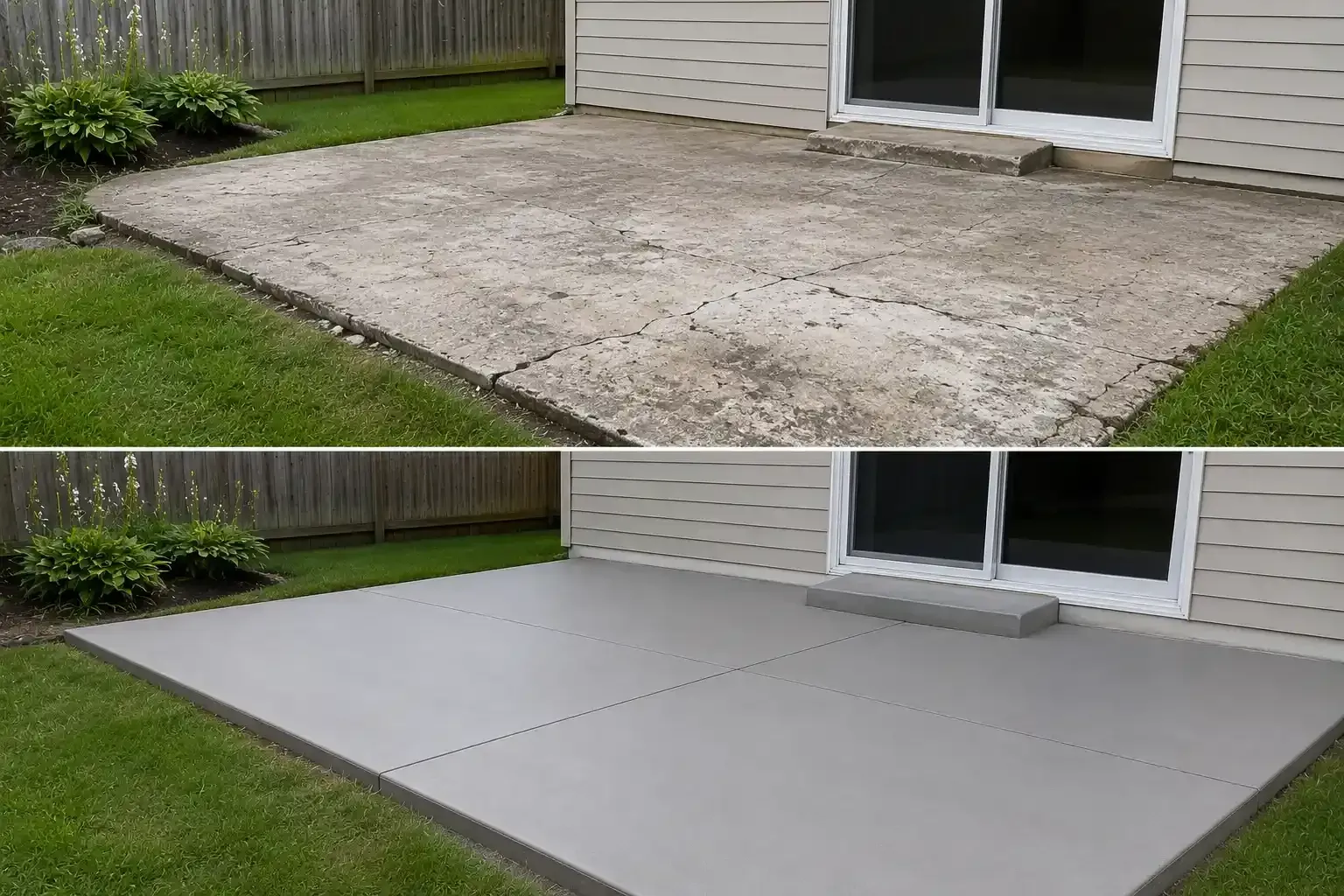 Before-and-after backyard patio resurfacing: cracked concrete replaced with smooth gray slab.