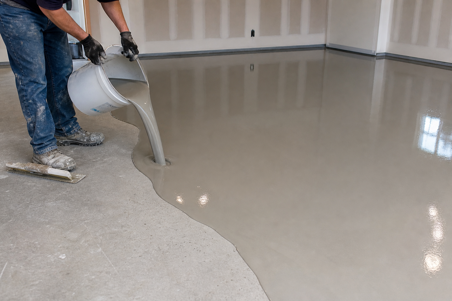 Worker pouring gray floor leveling compound onto a concrete floor in a room under construction