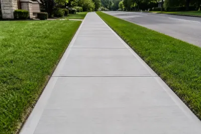 New concrete sidewalk beside green grass and a road in a suburban neighborhood
