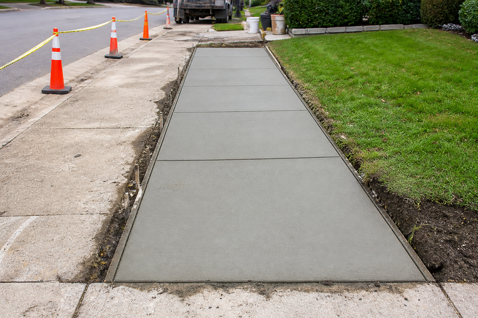 Freshly poured sidewalk section beside a grassy lawn, with traffic cones marking the work area.