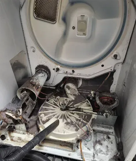 Interior of a dryer with lint and debris. Visible are the drum, blower fan, and heating element.