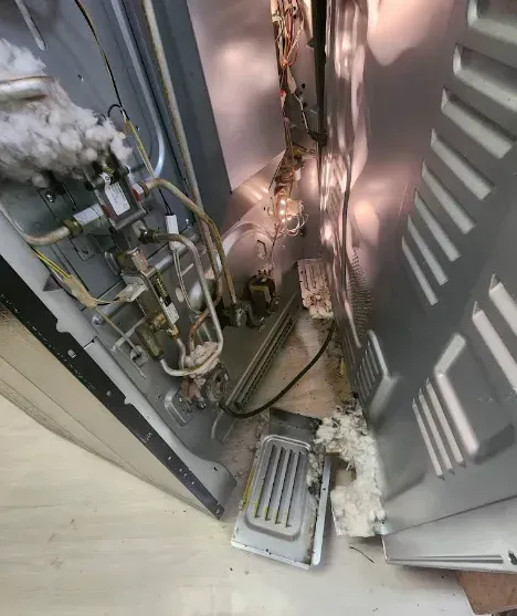 Inside a damaged oven: exposed wiring, insulation, and a fallen metal plate.