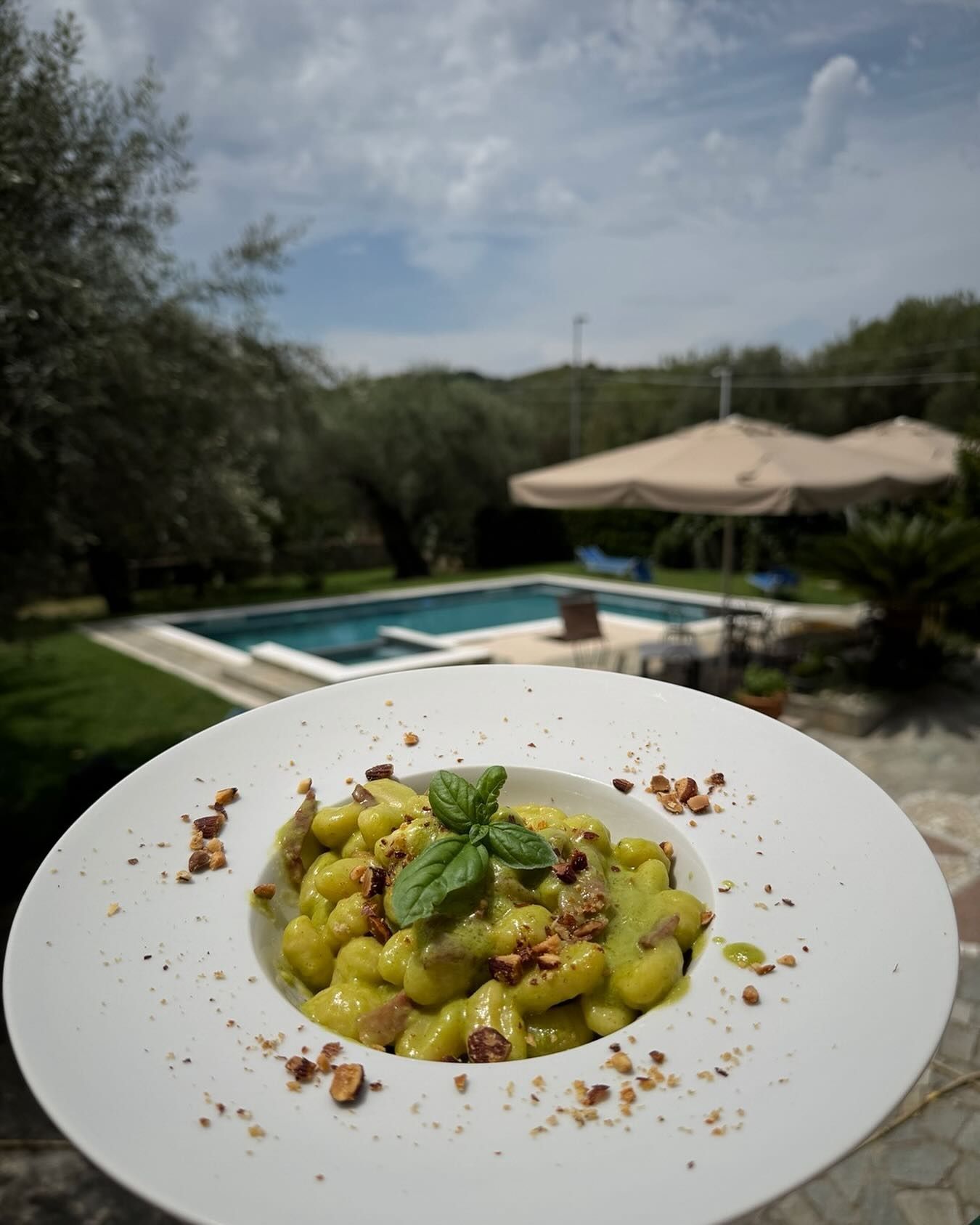 Pasta al basilico su un piatto bianco, con vista sulla piscina e sul patio sotto un cielo nuvoloso.