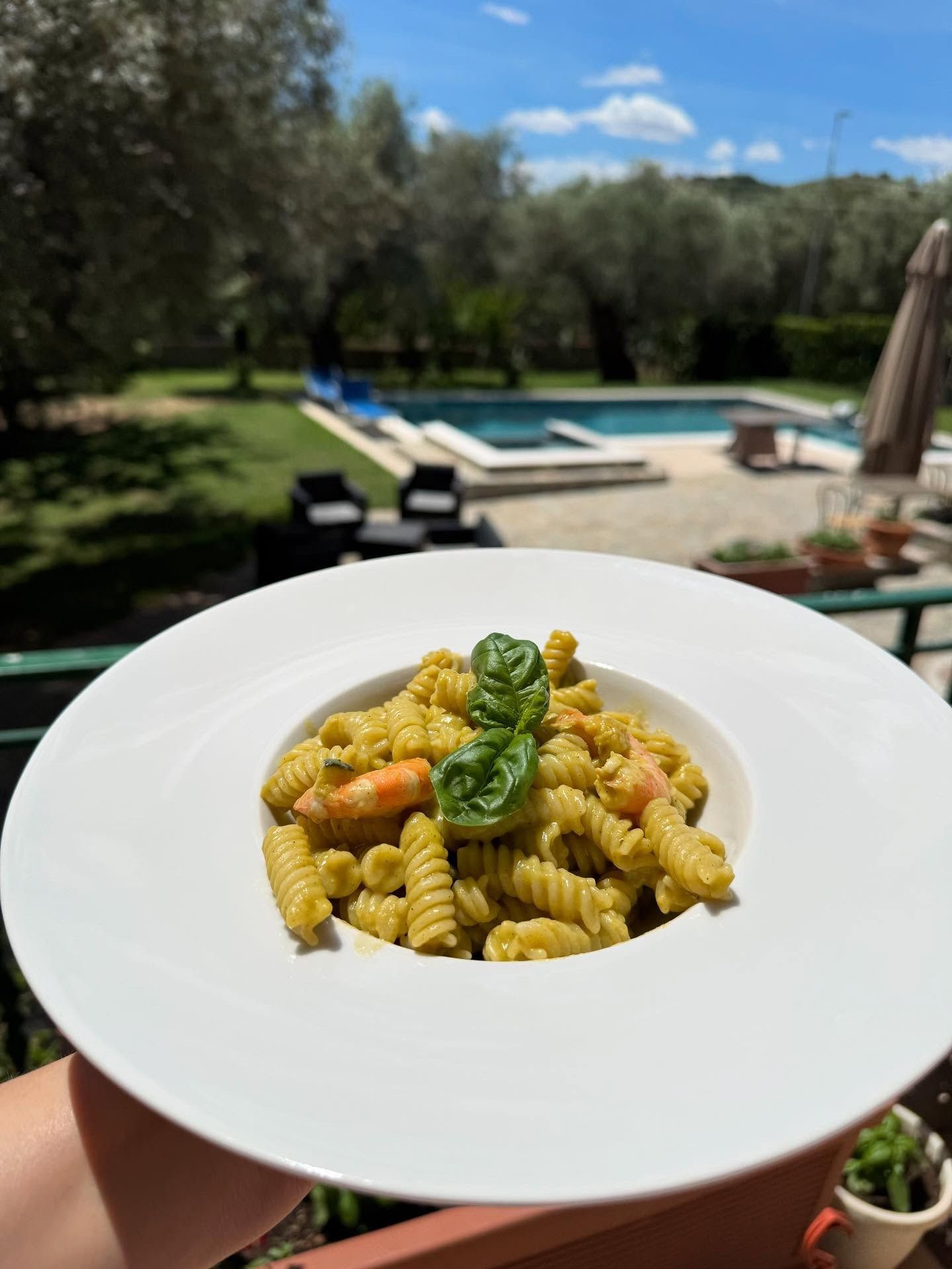 Pasta in una ciotola bianca tenuta davanti al patio del giardino a bordo piscina.