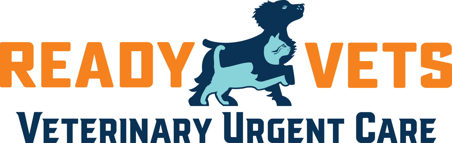 Ready Vets Veterinary Urgent Care logo with orange and navy text and a teal dog silhouette