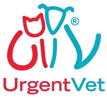 UrgentVet logo with red and teal pet outline and text on white background