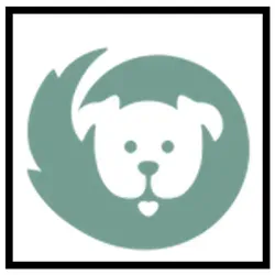 Green circular logo with a stylized white dog face and tail on a white background