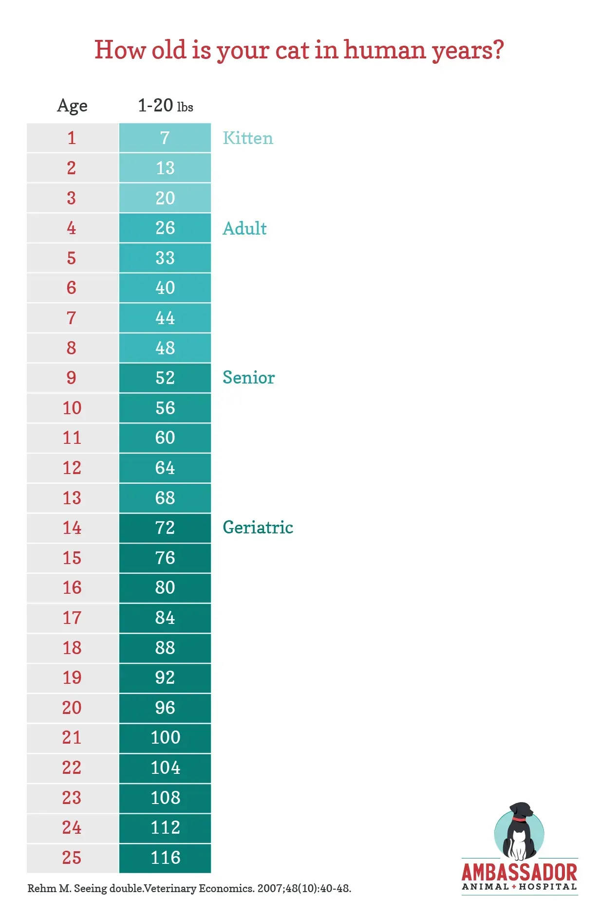 Chart titled “How old is your cat in human years?” with ages 1–25 mapped to kitten, adult, senior, and geriatric