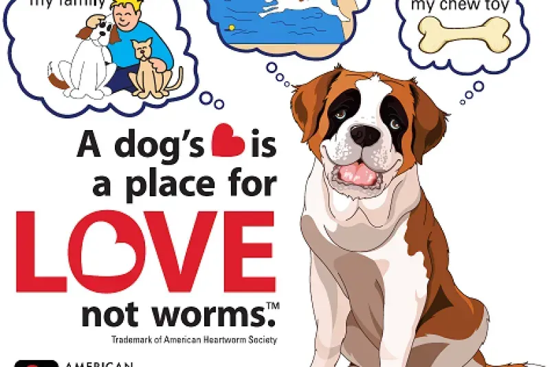 Brown-and-white dog beside text: “A dog’s a place for LOVE, not worms.”