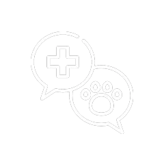 Two outlined speech bubbles with a medical cross and a paw print icon
