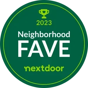 Green circular badge reading “2023 Neighborhood FAVE” with the Nextdoor logo.