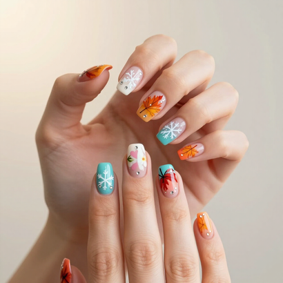 Hands with colorful floral and snowflake nail art against a light background
