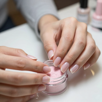 Hands applying pink powder to a small jar with a makeup brush