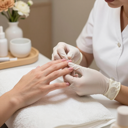 Manicured hand receiving a nail treatment with gloved technician in a spa setting