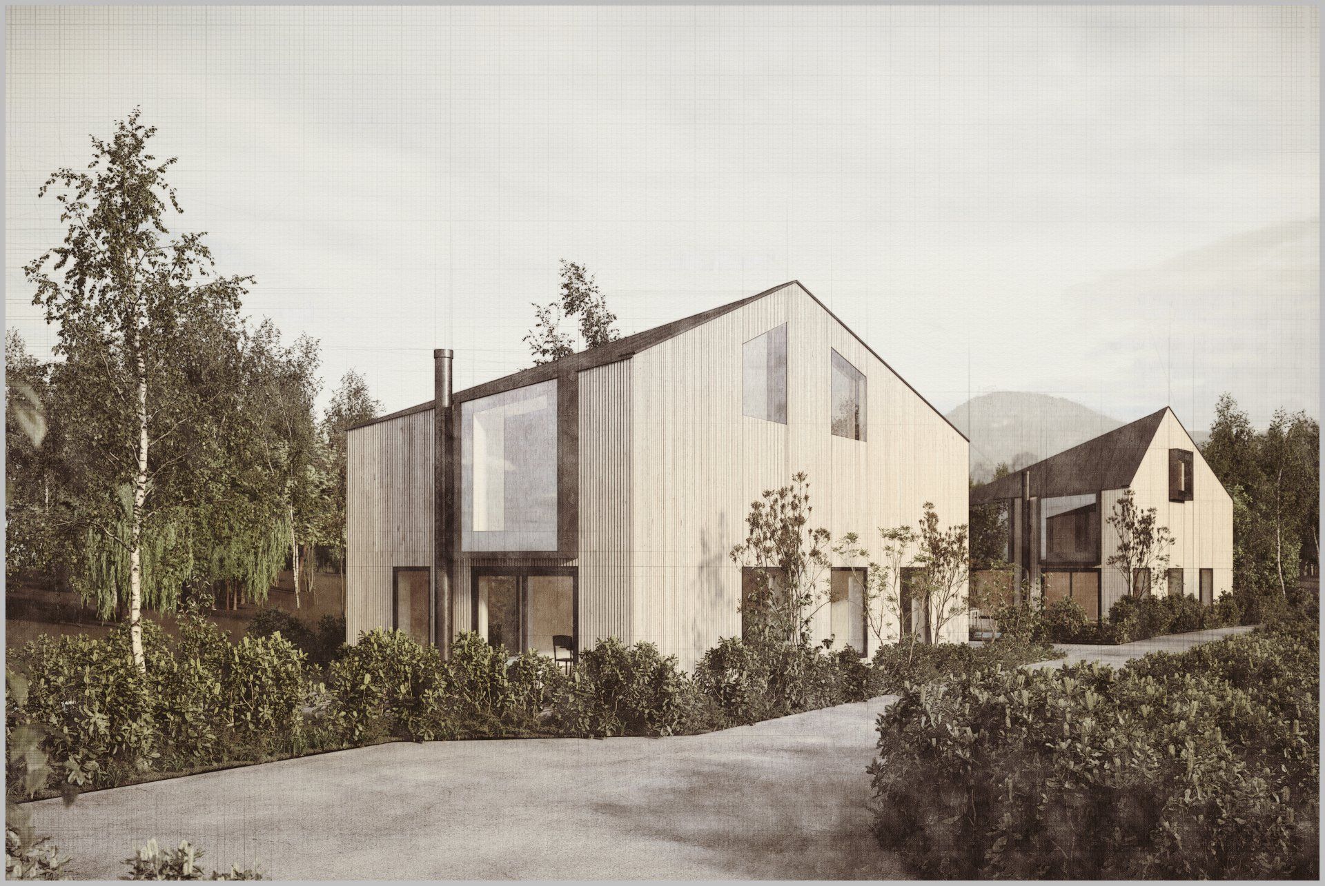Eine Zeichnung eines Hauses mit vielen Fenstern