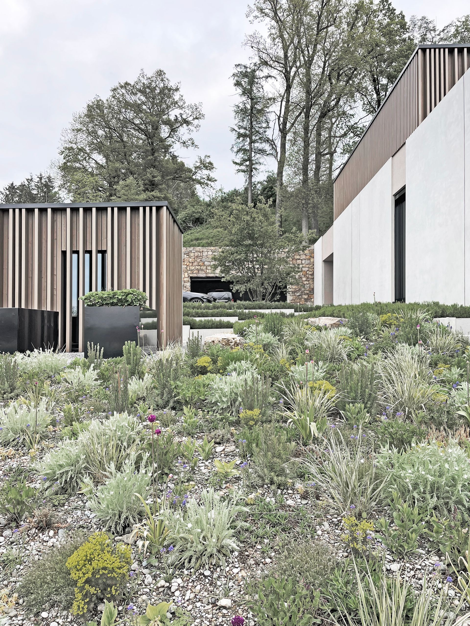 Ein Haus mit vielen Pflanzen und Blumen davor.