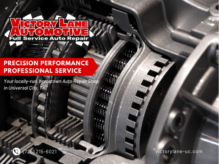Advertisement for Victory Lane Automotive, a full-service auto repair shop in Universal City. Features a cross-section of car transmission. | Victory Lane Automotive