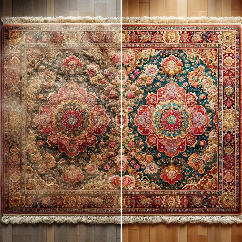 A Persian rug before and after cleaning. The cleaned rug's colors are vibrant, and design details stand out.