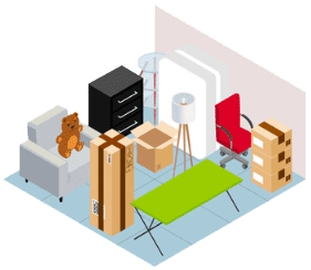 Isometric view of a room with furniture, boxes, and a teddy bear. Includes a green table, red chair, and a floor lamp.