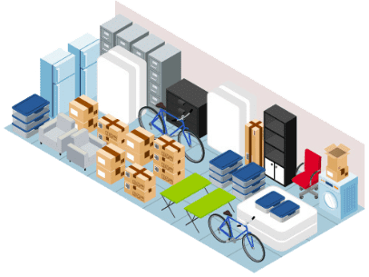 Isometric view of a storage unit packed with boxes, furniture, appliances, and two bicycles.